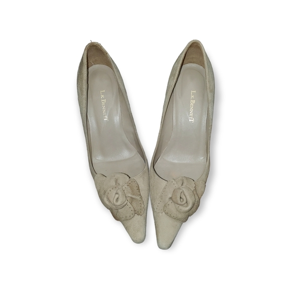 L K BENNETT Cream Leather 60s Style kitten heel with Bows Sz 5 Mod - Picture 1 of 5